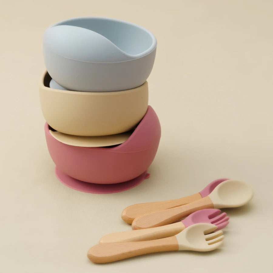 Mamaplan 3PCS Baby Silicone Feeding Set Toddler Suction Bowl Feeding Training Spoon Fork Baby Dishes Plate Baby Accessories