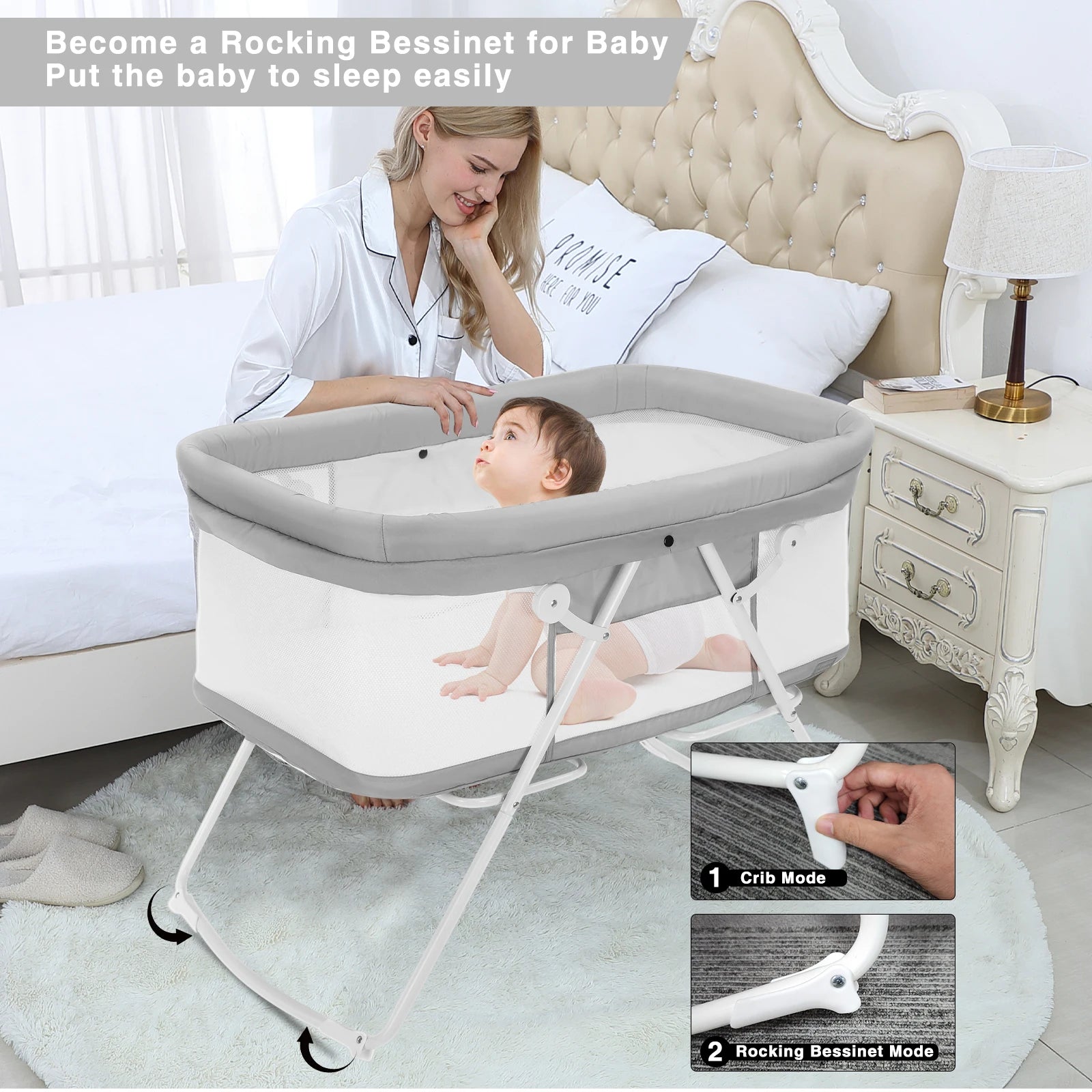 Baby 2-in-1 Crib & Cradle | Travel Cot with Mattress & Bedside Rocker for Newborn