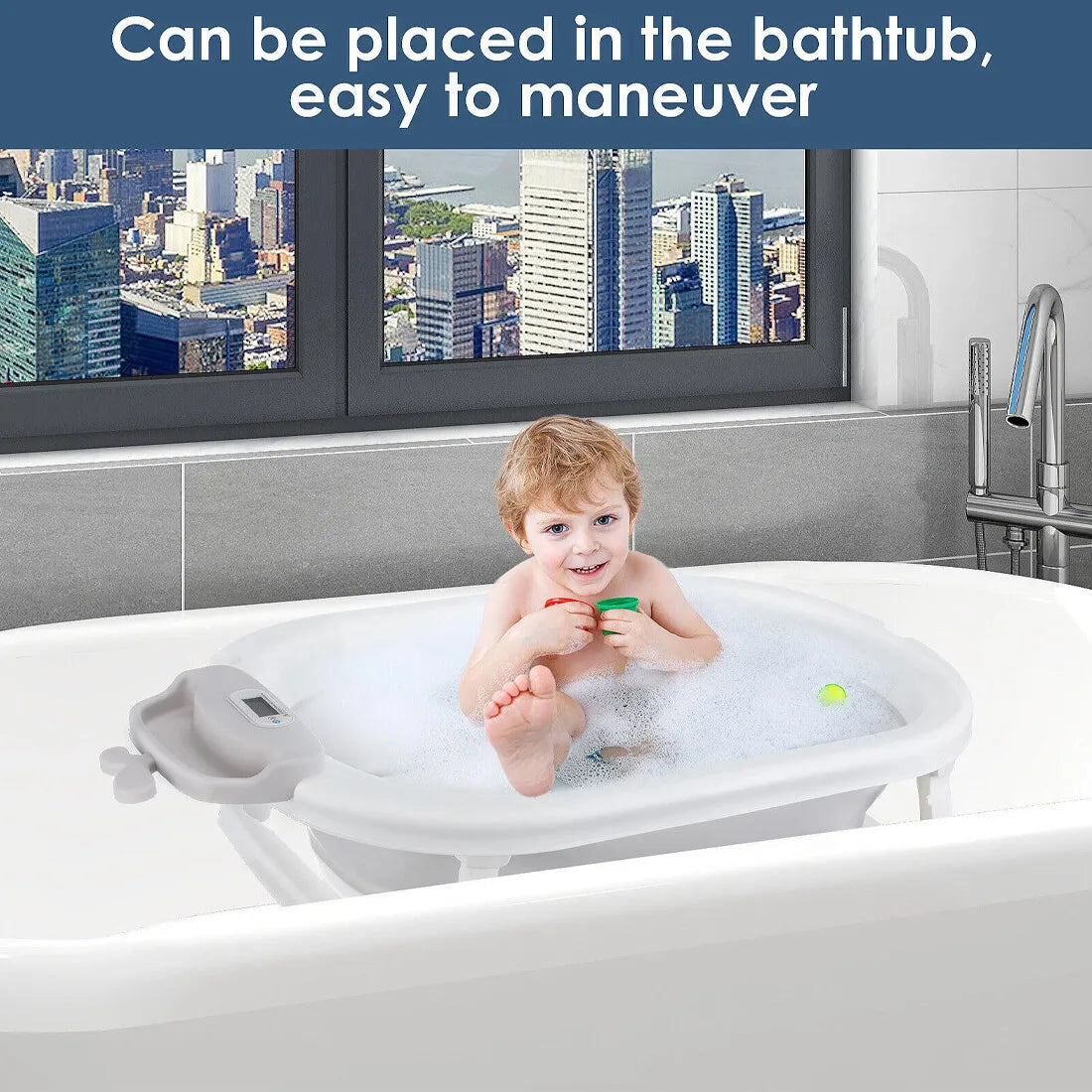 Foldable Baby Bath Tub Ergonomic with Temperature & Cushion Bath Pad + Bath Net