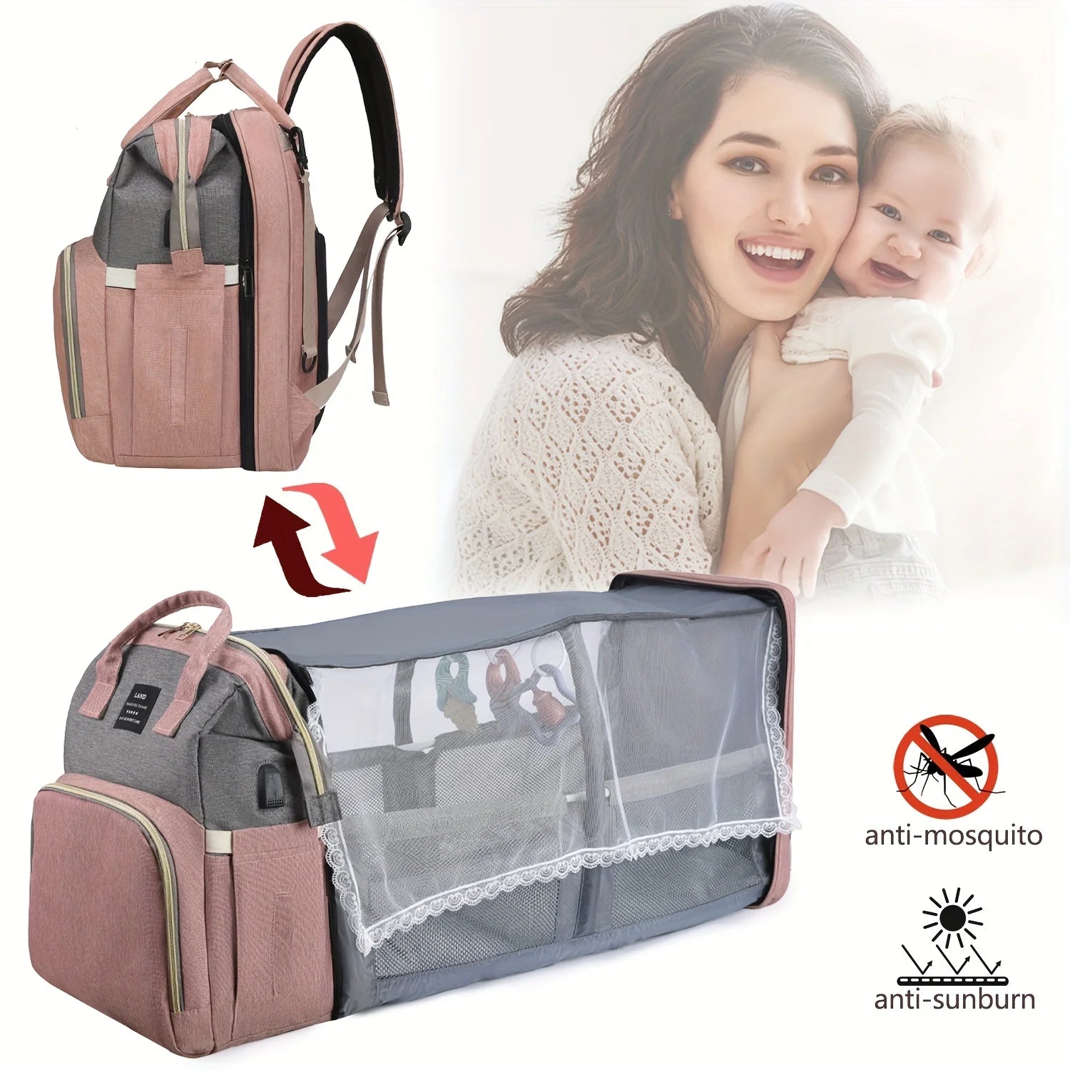 Portable Mommy Backpack | Diaper Bag with Folding Crib